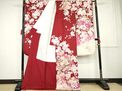 平和屋着物●豪華振袖　駒刺繍　花毬文　八重桜　暈し染め　金通し地　正絹　逸品　AABL1171cs