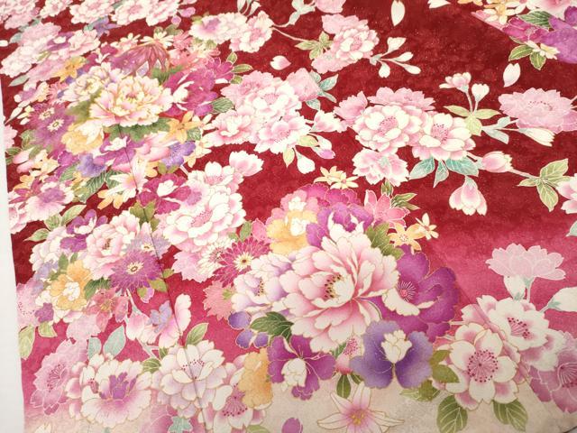 平和屋着物●豪華振袖　駒刺繍　花毬文　八重桜　暈し染め　金通し地　正絹　逸品　AABL1171cs