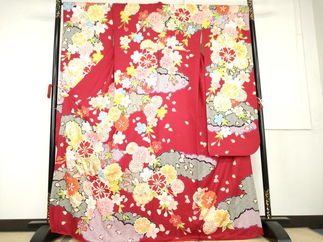 平和屋着物●豪華振袖　駒刺繍　雪輪花蝶文　正絹　逸品　AABL1173cs