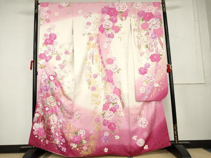 平和屋着物●豪華振袖　刺繍　草花文　薔薇　バラ　暈し染め　金糸　銀彩　銀通し地　ラインストーン　正絹　逸品　AABL1175cs