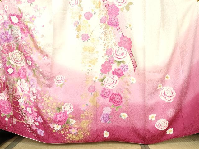 平和屋着物●豪華振袖　刺繍　草花文　薔薇　バラ　暈し染め　金糸　銀彩　銀通し地　ラインストーン　正絹　逸品　AABL1175cs