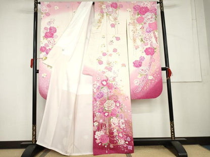 平和屋着物●豪華振袖　刺繍　草花文　薔薇　バラ　暈し染め　金糸　銀彩　銀通し地　ラインストーン　正絹　逸品　AABL1175cs