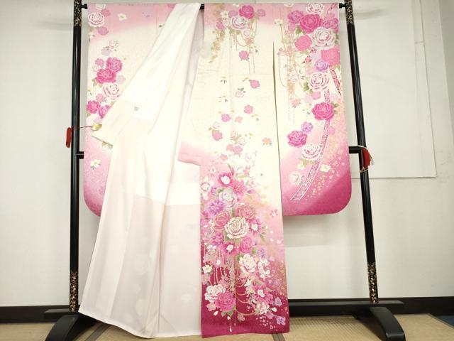 平和屋着物●豪華振袖　刺繍　草花文　薔薇　バラ　暈し染め　金糸　銀彩　銀通し地　ラインストーン　正絹　逸品　AABL1175cs
