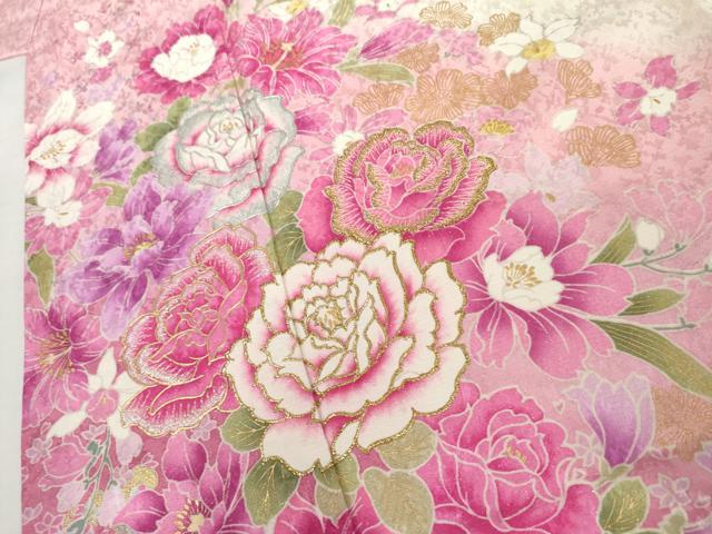 平和屋着物●豪華振袖　刺繍　草花文　薔薇　バラ　暈し染め　金糸　銀彩　銀通し地　ラインストーン　正絹　逸品　AABL1175cs