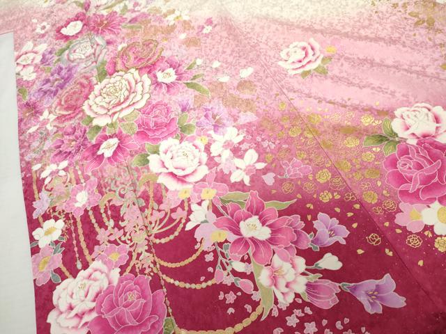 平和屋着物●豪華振袖　刺繍　草花文　薔薇　バラ　暈し染め　金糸　銀彩　銀通し地　ラインストーン　正絹　逸品　AABL1175cs