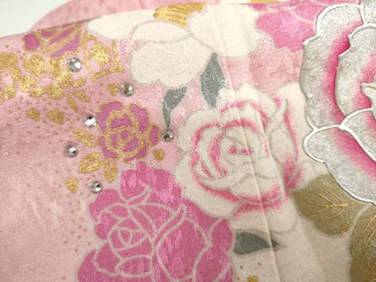 平和屋着物●豪華振袖　刺繍　草花文　薔薇　バラ　暈し染め　金糸　銀彩　銀通し地　ラインストーン　正絹　逸品　AABL1175cs