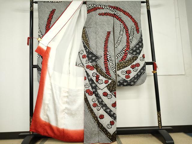 平和屋着物●豪華振袖　総絞り　蔓帯花文　黒地　金彩　正絹　逸品　AABL1177cs