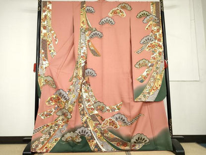 平和屋着物●豪華振袖　駒刺繍　蔓帯吉祥花松文　暈し染め　金彩　正絹　逸品　AABL1178cs