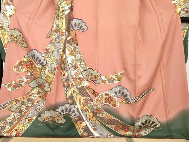 平和屋着物●豪華振袖　駒刺繍　蔓帯吉祥花松文　暈し染め　金彩　正絹　逸品　AABL1178cs