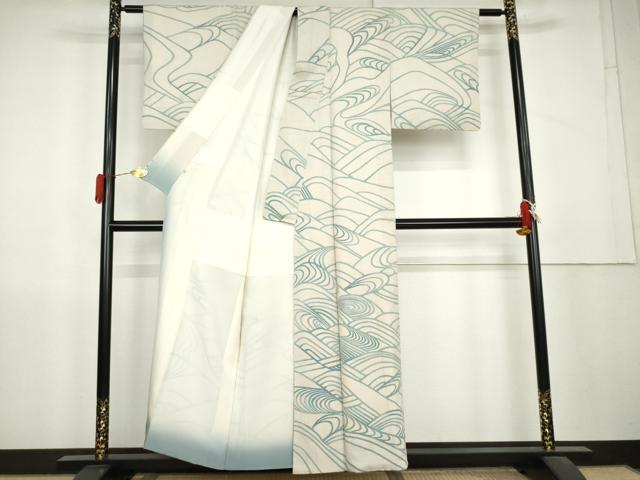 平和屋着物●お召　訪問着　刺繍　流水文　正絹　逸品　AABL1182cs