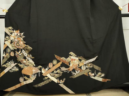 平和屋着物●豪華黒留袖　花車吉祥文　金彩　三越扱い　正絹　逸品　AABL1184cs