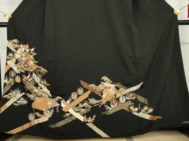 平和屋着物●豪華黒留袖　花車吉祥文　金彩　三越扱い　正絹　逸品　AABL1184cs
