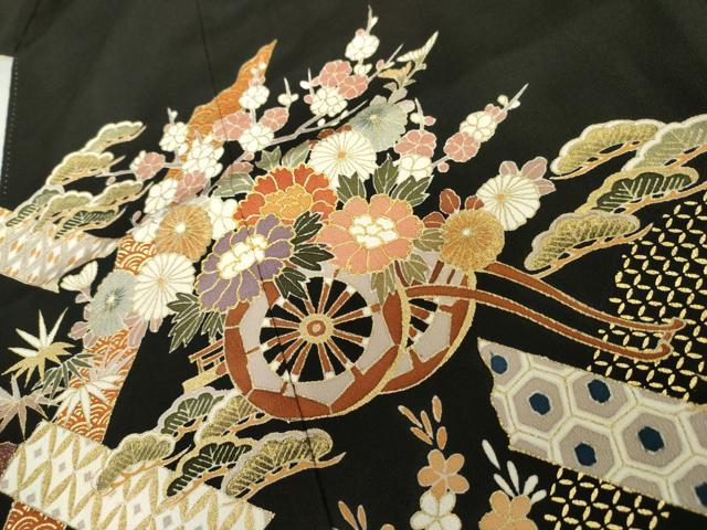 平和屋着物●豪華黒留袖　花車吉祥文　金彩　三越扱い　正絹　逸品　AABL1184cs