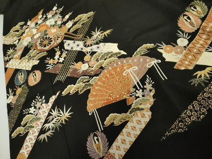 平和屋着物●豪華黒留袖　花車吉祥文　金彩　三越扱い　正絹　逸品　AABL1184cs