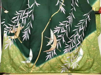 平和屋着物●豪華振袖　駒刺繍　枝垂れ柳飛鶴文　暈し染め　金銀彩　正絹　逸品　AABL1185cs
