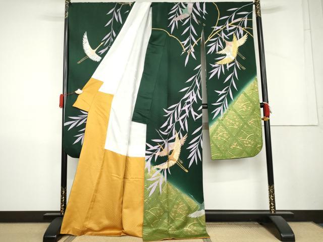 平和屋着物●豪華振袖　駒刺繍　枝垂れ柳飛鶴文　暈し染め　金銀彩　正絹　逸品　AABL1185cs