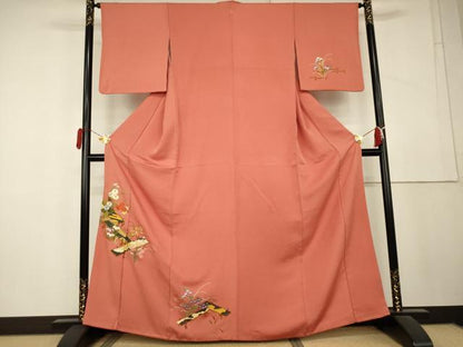 平和屋着物●訪問着　総刺繍　駒刺繍　草花文　正絹　逸品　AABL1193cs