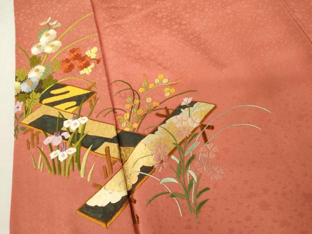 平和屋着物●訪問着　総刺繍　駒刺繍　草花文　正絹　逸品　AABL1193cs