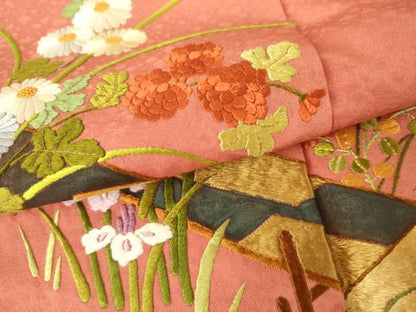 平和屋着物●訪問着　総刺繍　駒刺繍　草花文　正絹　逸品　AABL1193cs