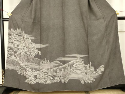 平和屋着物●江戸小紋　訪問着　鮫小紋柄　風景文　黒地　正絹　逸品　AABL1194cs