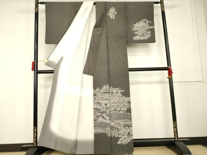 平和屋着物●江戸小紋　訪問着　鮫小紋柄　風景文　黒地　正絹　逸品　AABL1194cs
