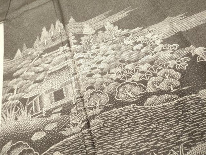 平和屋着物●江戸小紋　訪問着　鮫小紋柄　風景文　黒地　正絹　逸品　AABL1194cs