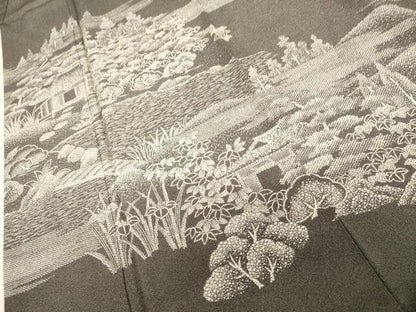 平和屋着物●江戸小紋　訪問着　鮫小紋柄　風景文　黒地　正絹　逸品　AABL1194cs