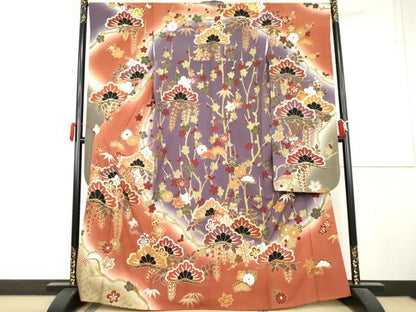 平和屋着物●豪華振袖　駒刺繍　松竹梅文　暈し染め　金彩　正絹　逸品　AABL1195cs