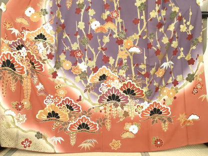 平和屋着物●豪華振袖　駒刺繍　松竹梅文　暈し染め　金彩　正絹　逸品　AABL1195cs