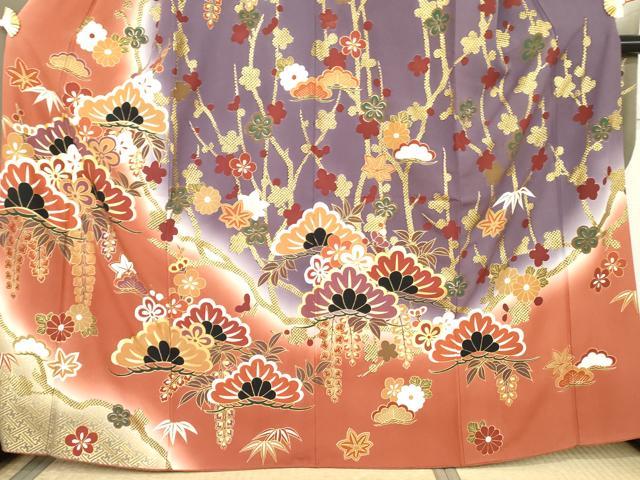 平和屋着物●豪華振袖　駒刺繍　松竹梅文　暈し染め　金彩　正絹　逸品　AABL1195cs