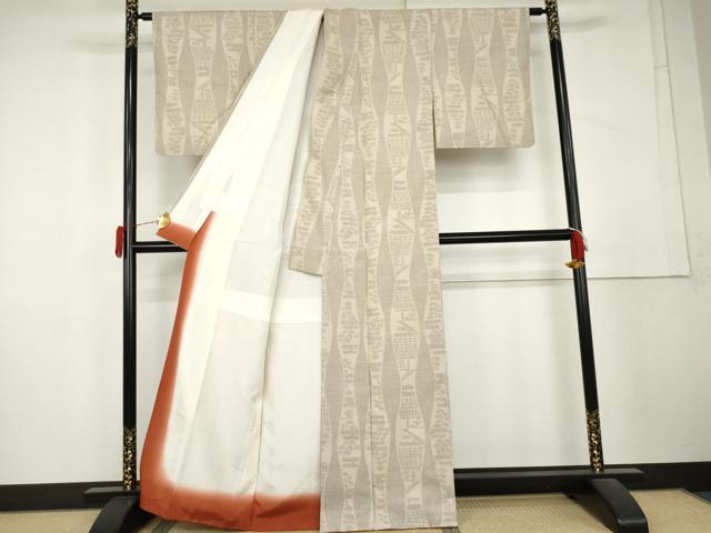 平和屋着物●結城紬　100亀甲　立涌風景文　正絹　逸品　AABL1196cs