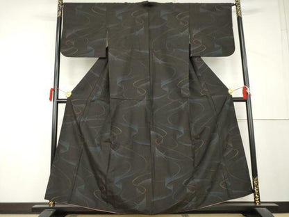 平和屋着物●上質な紬　流水文　黒地　正絹　逸品　AABL1198cs