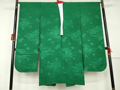 平和屋着物●振袖用長襦袢　無双仕立て　エ霞絵皿地紋　常磐色地　正絹　逸品　AABL1199cs