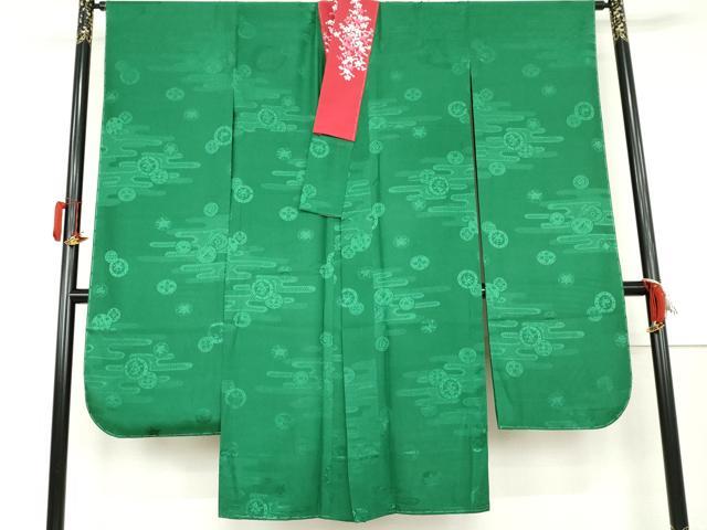 平和屋着物●振袖用長襦袢　無双仕立て　エ霞絵皿地紋　常磐色地　正絹　逸品　AABL1199cs