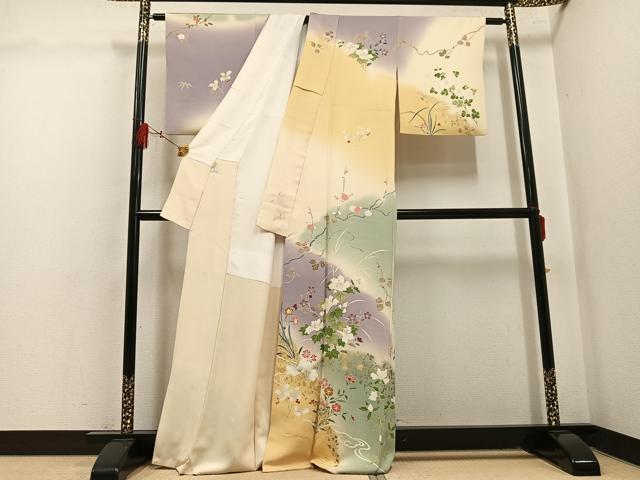 平和屋着物●銀座もとじ　訪問着　草花文　暈し染め　金彩　丹後ちりめん　反端付き　正絹　逸品　AABL1214ph