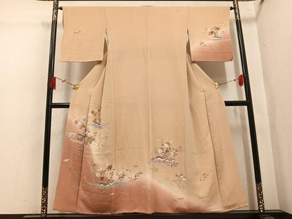 平和屋着物●訪問着　駒刺繍　立波風景草花文　暈し染め　金彩　鬼しぼ縮緬　正絹　逸品　AABL1217ph