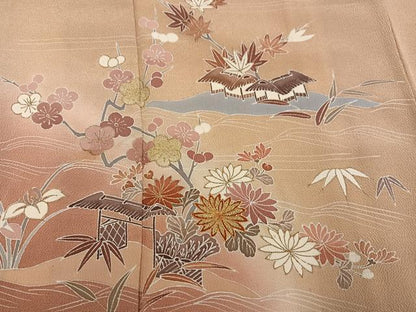 平和屋着物●訪問着　駒刺繍　立波風景草花文　暈し染め　金彩　鬼しぼ縮緬　正絹　逸品　AABL1217ph