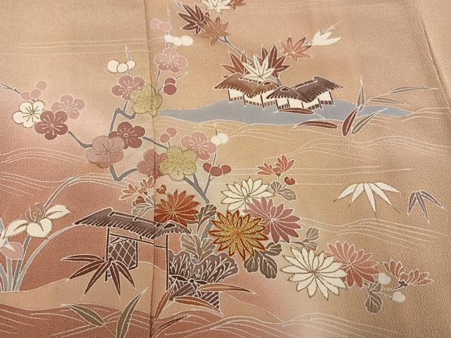 平和屋着物●訪問着　駒刺繍　立波風景草花文　暈し染め　金彩　鬼しぼ縮緬　正絹　逸品　AABL1217ph