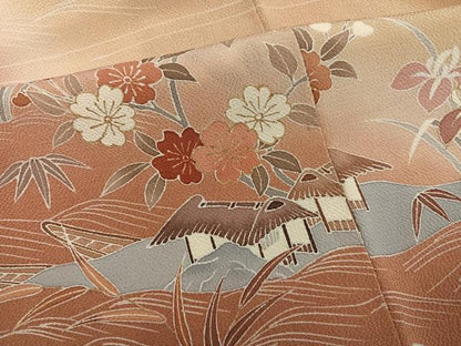 平和屋着物●訪問着　駒刺繍　立波風景草花文　暈し染め　金彩　鬼しぼ縮緬　正絹　逸品　AABL1217ph
