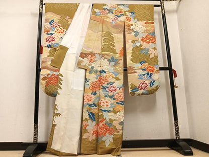 平和屋着物●豪華振袖　駒刺繍　草花文　金彩　正絹　逸品　AABL1226ph