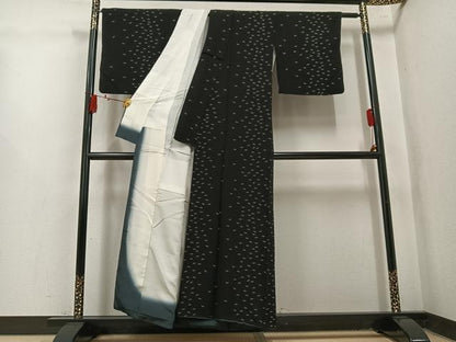 平和屋着物●上質な小紋　間道　黒地　正絹　逸品　AABL1234ph