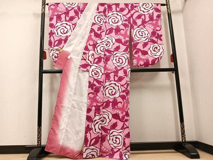平和屋着物●小振袖　二尺袖　花蝶文　嘘つき襦袢　洗える着物　AABL1238ph