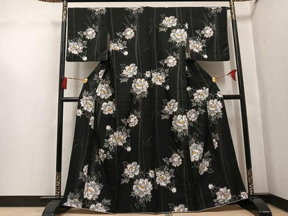 平和屋着物●小紋　牡丹　黒地　洗える着物　AABL1240ph