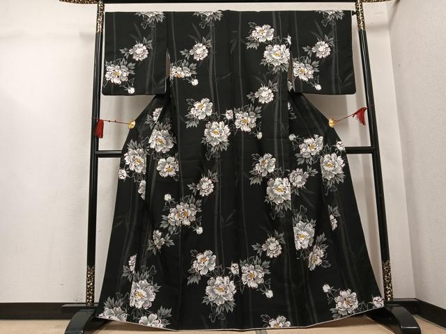 平和屋着物●小紋　牡丹　黒地　洗える着物　AABL1240ph
