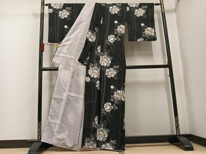 平和屋着物●小紋　牡丹　黒地　洗える着物　AABL1240ph