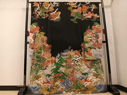 平和屋本店●アンティーク　大正ロマン　振袖　松竹梅船文　暈し染め　黒地　金彩　正絹　逸品　AABL1264ph