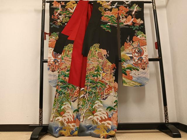 平和屋本店●アンティーク　大正ロマン　振袖　松竹梅船文　暈し染め　黒地　金彩　正絹　逸品　AABL1264ph