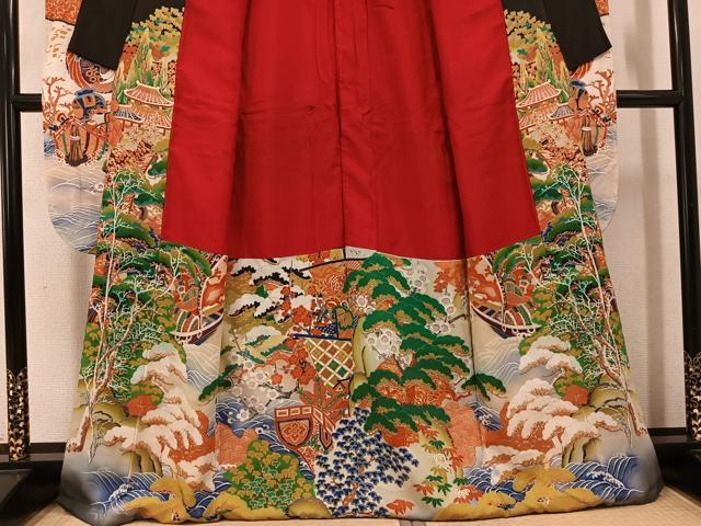 平和屋本店●アンティーク　大正ロマン　振袖　松竹梅船文　暈し染め　黒地　金彩　正絹　逸品　AABL1264ph