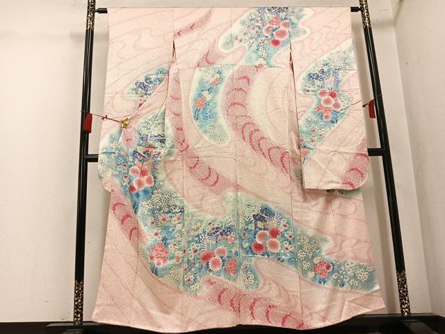 平和屋着物●豪華振袖　絞り　御所車花文　正絹　逸品　AABL1269ph