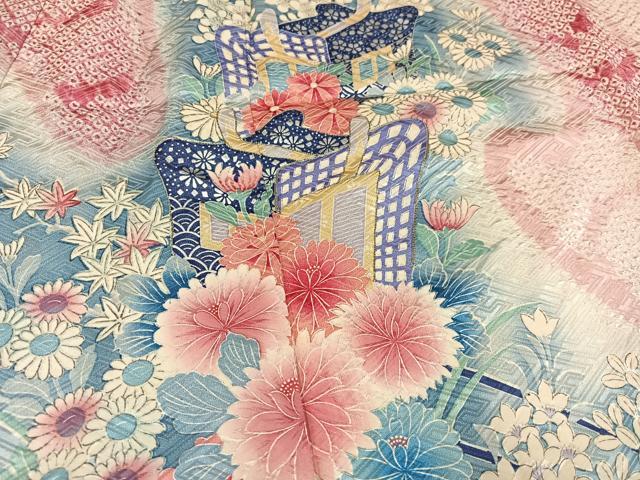 平和屋着物●豪華振袖　絞り　御所車花文　正絹　逸品　AABL1269ph